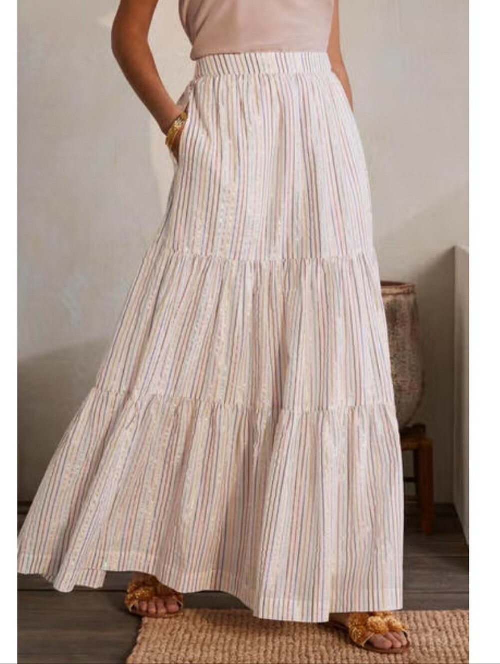 Boden Lorna Tiered Striped Maxi Skirt Metallic Thread Sz 8